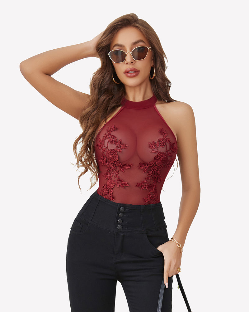 Mesh Sheer Emboroidered Bodysuit