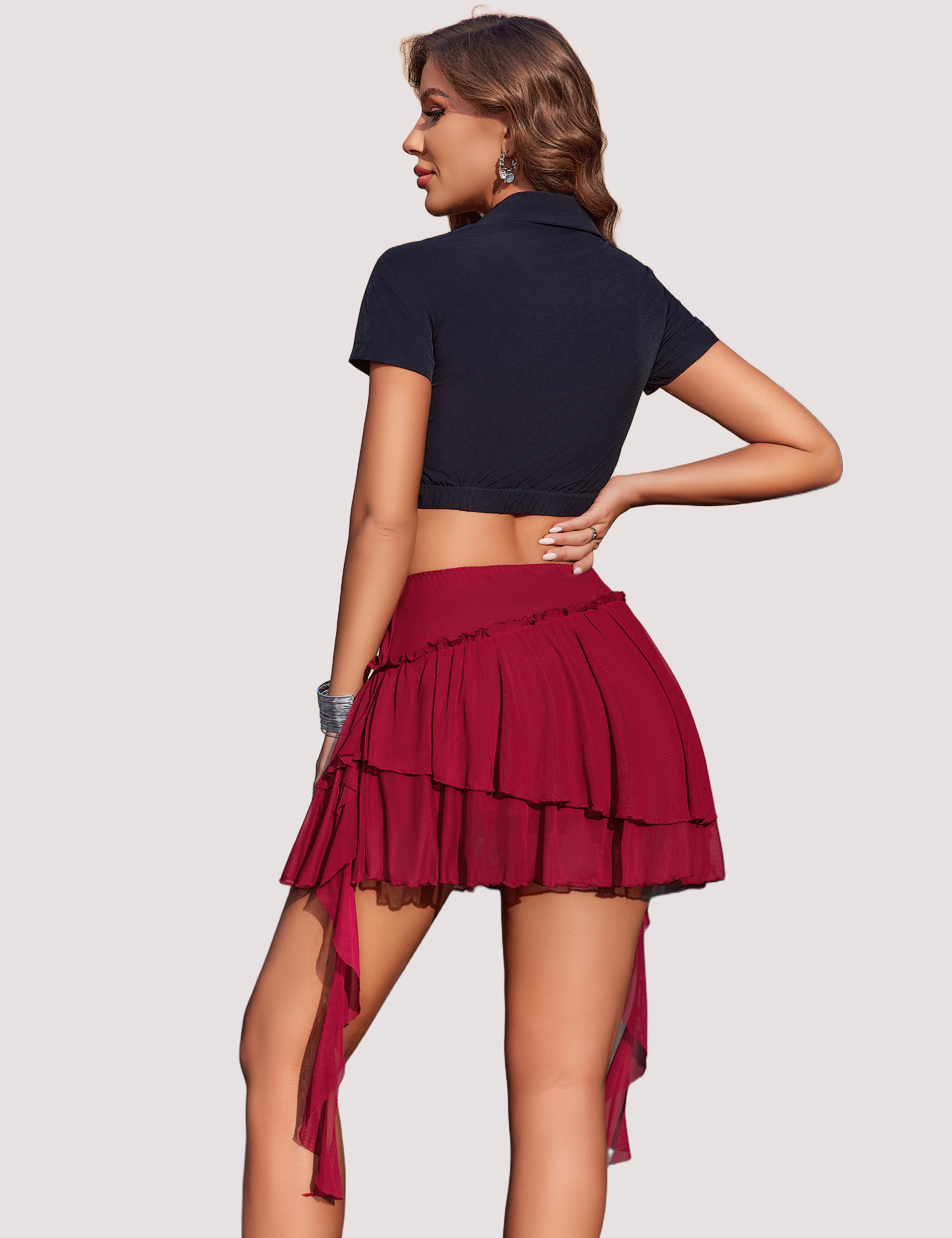 Pleated Skirt Mesh Layered Ruffled Skirt