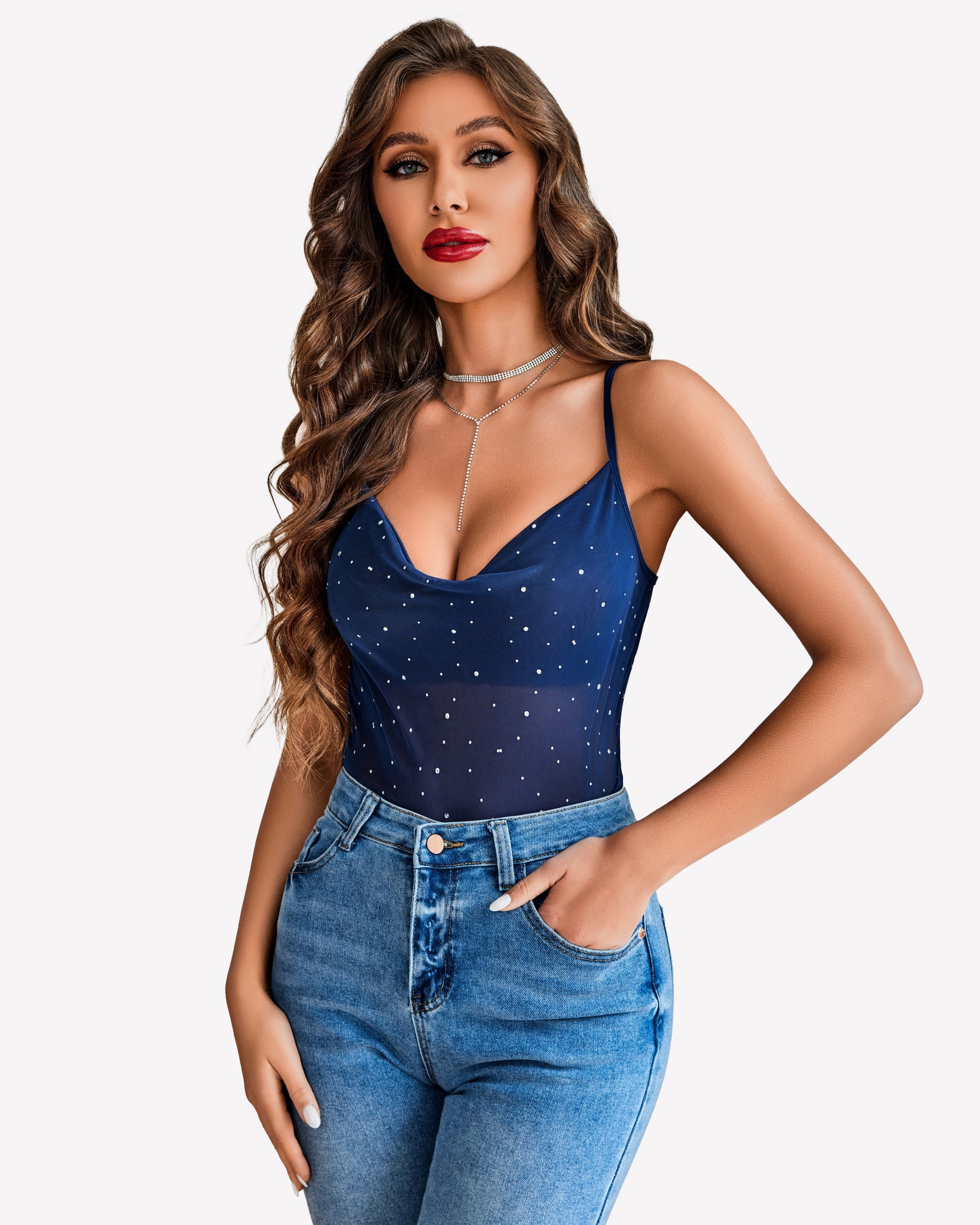 Mesh Cowl Neck Tank Top Sequin Shirt