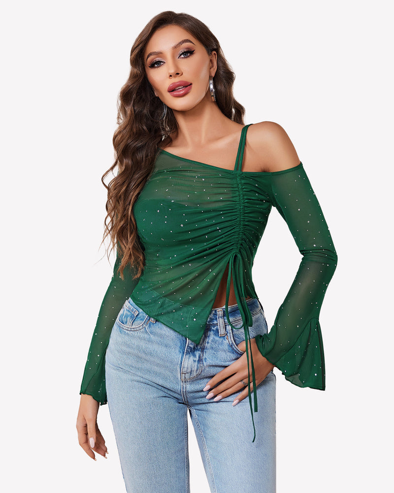 Mesh Top Long Sleeve Rhinestone Tops