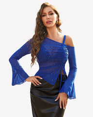 Mesh Top Long Sleeve Rhinestone Tops