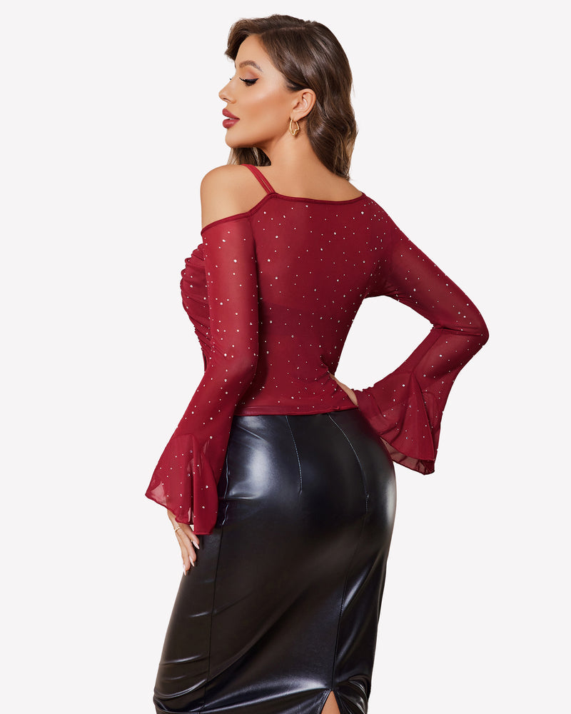Mesh Top Long Sleeve Rhinestone Tops
