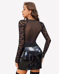 Lace Long Sleeve Mesh V Neck Tops