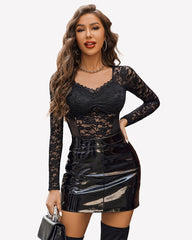 Lace Long Sleeve Mesh V Neck Tops