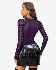 Lace Long Sleeve Mesh V Neck Tops