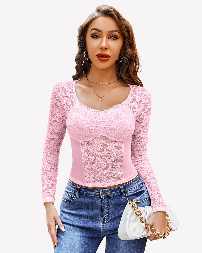 Lace Long Sleeve Mesh V Neck Tops