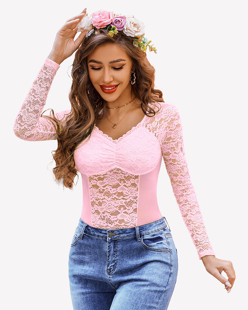 Lace Long Sleeve Mesh V Neck Tops