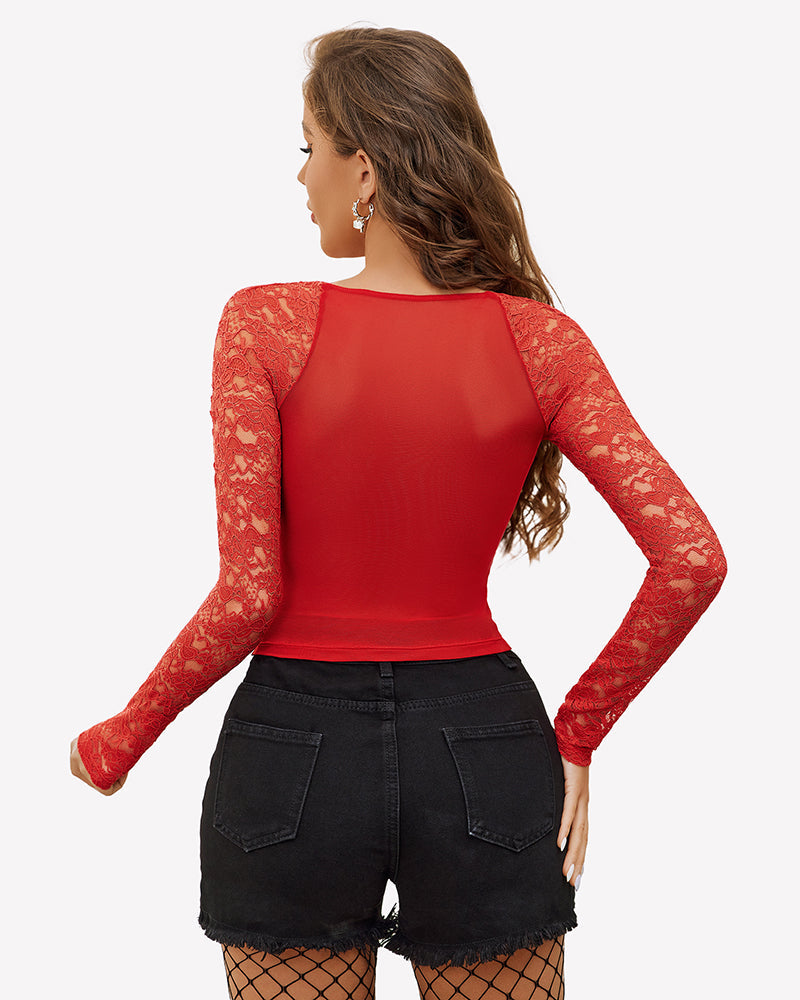 Lace Long Sleeve Mesh V Neck Tops