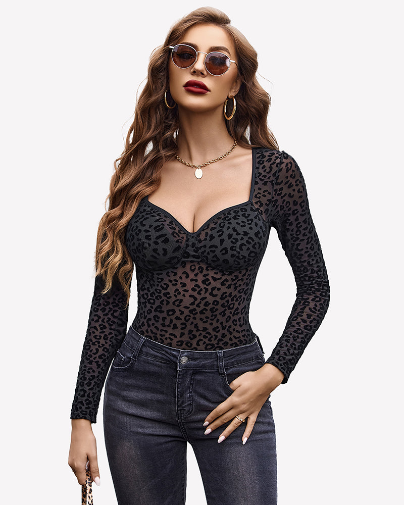 Long Sleeve Leopard Mesh Bodysuits