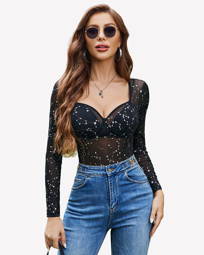 Long Sleeve Leopard Mesh Bodysuits