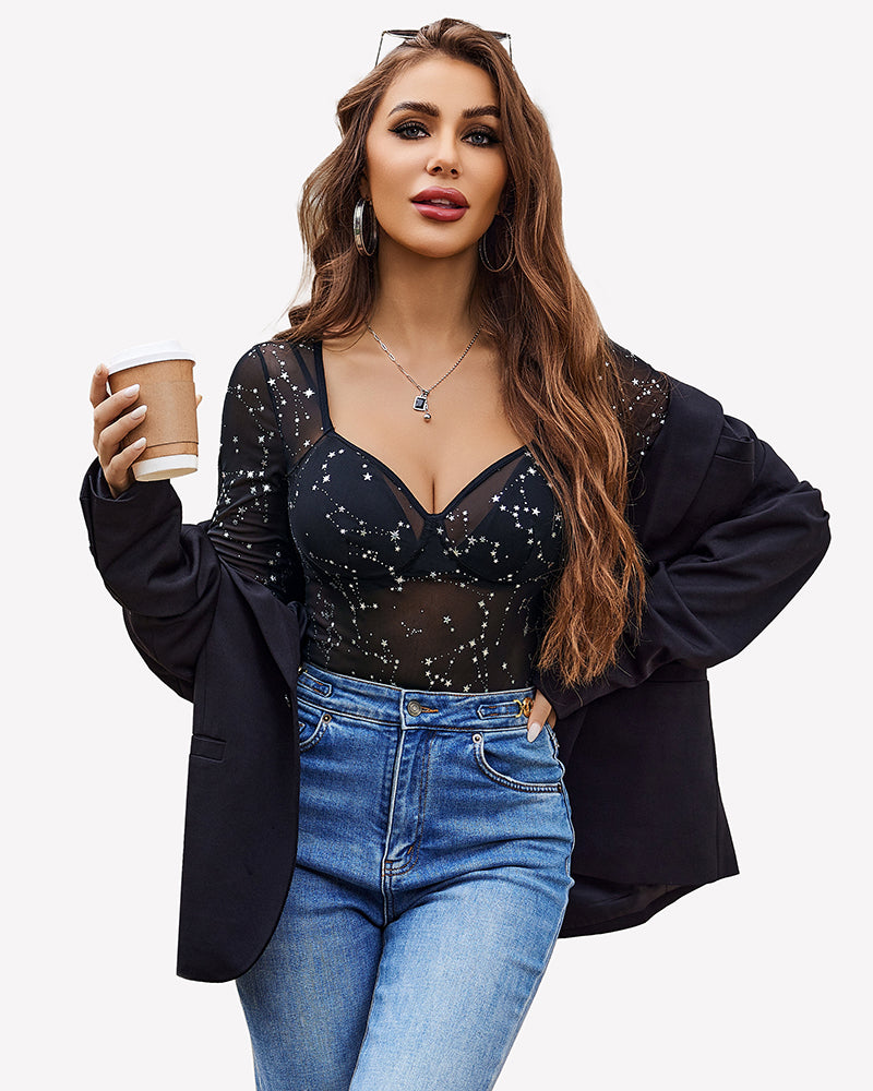 Long Sleeve Leopard Mesh Bodysuits