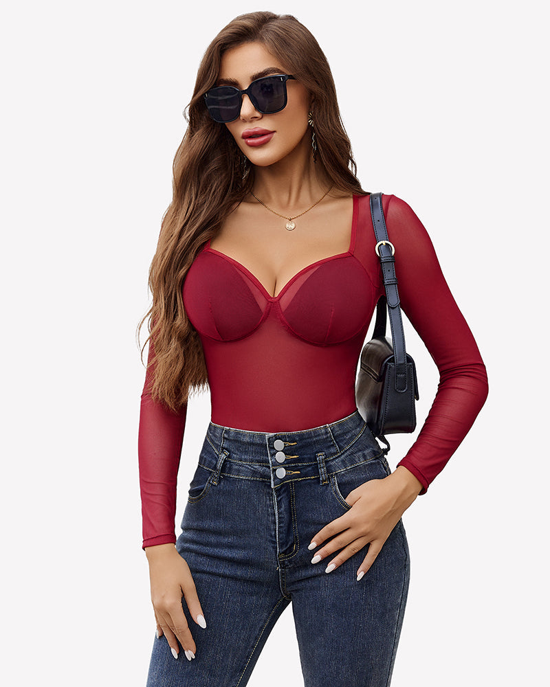 Long Sleeve Leopard Mesh Bodysuits