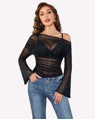 Mesh Top Long Sleeve Off The Shoulder Shirts