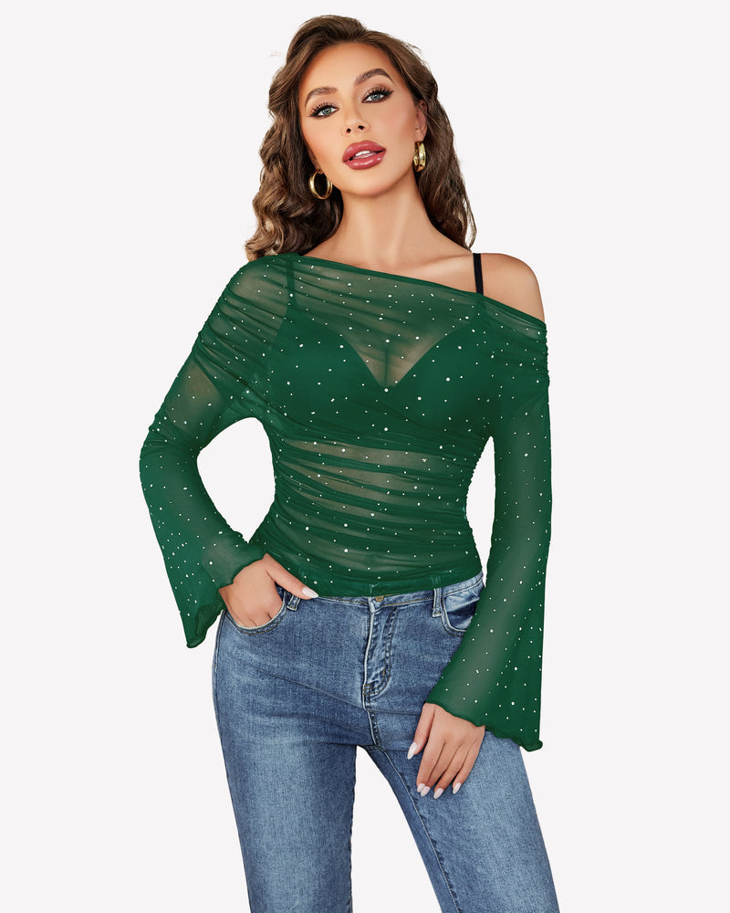 Mesh Top Long Sleeve Off The Shoulder Shirts