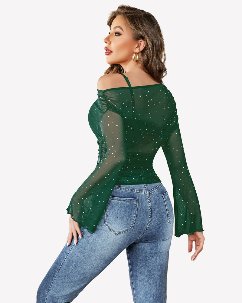 Mesh Top Long Sleeve Off The Shoulder Shirts