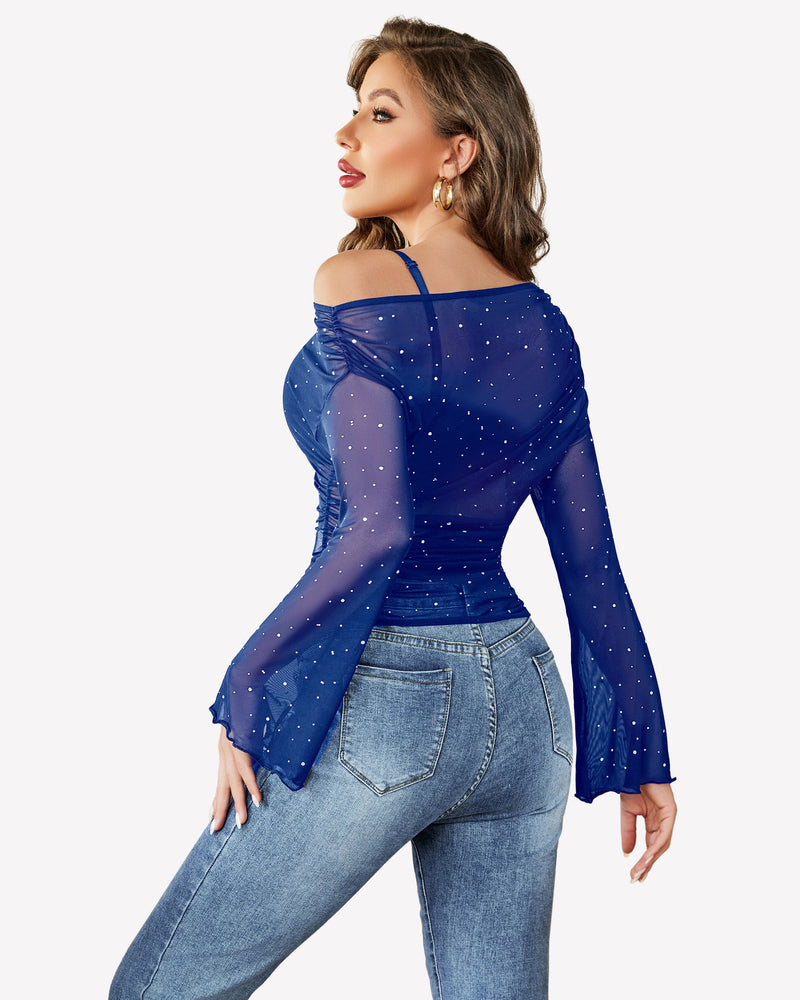 Mesh Top Long Sleeve Off The Shoulder Shirts
