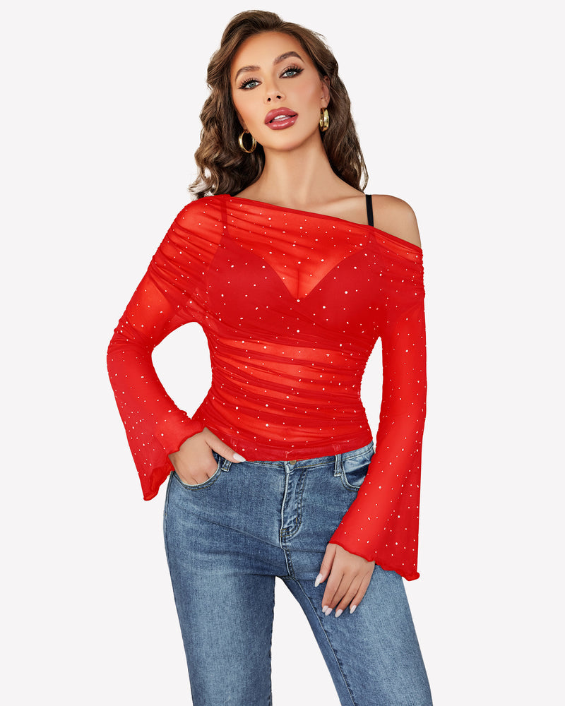Mesh Top Long Sleeve Off The Shoulder Shirts