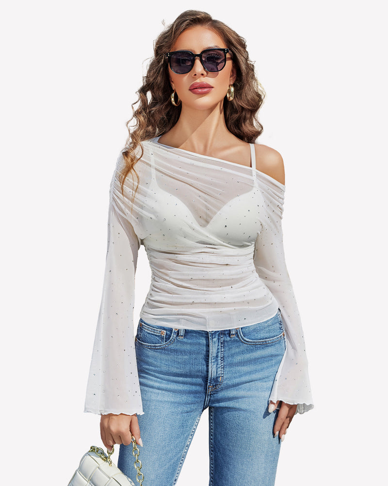Mesh Top Long Sleeve Off The Shoulder Shirts