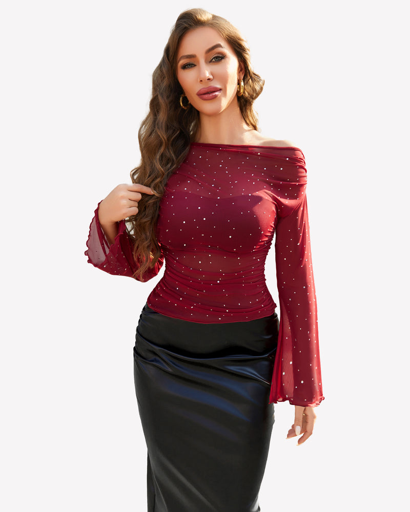 Mesh Top Long Sleeve Off The Shoulder Shirts