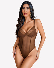 Sheer Mesh Bodysuit with Lace Trim