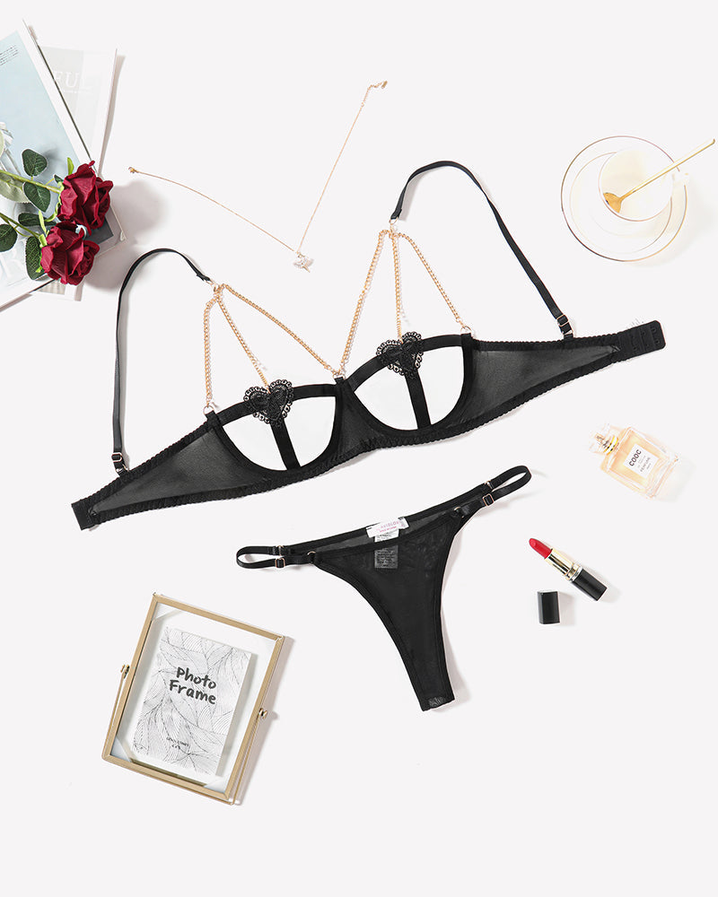 Chain Heart Cutout Bra and Panty Sets