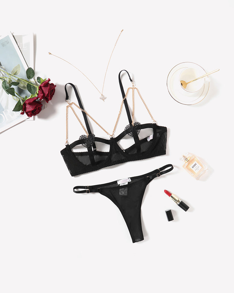 Chain Heart Cutout Bra and Panty Sets