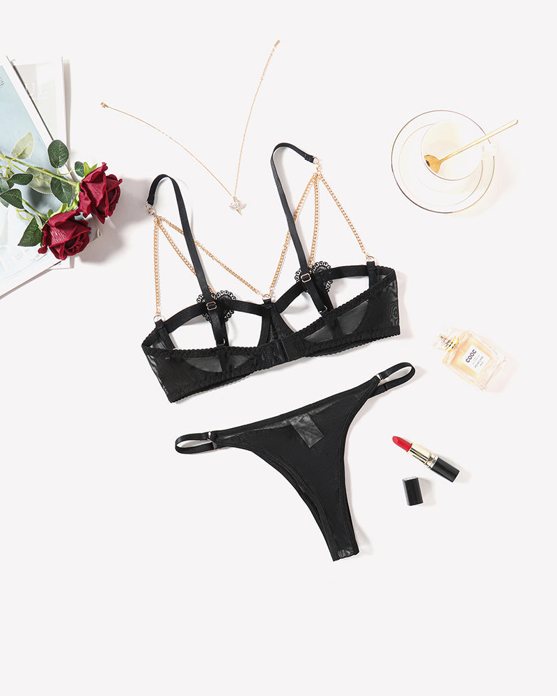 Chain Heart Cutout Bra and Panty Sets