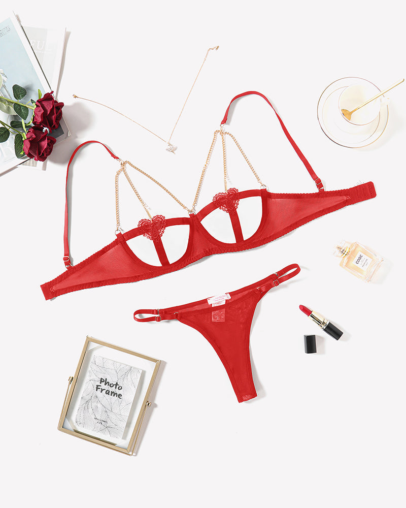 Chain Heart Cutout Bra and Panty Sets