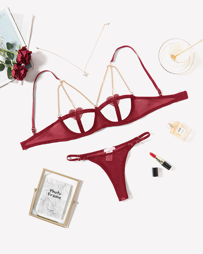 Chain Heart Cutout Bra and Panty Sets