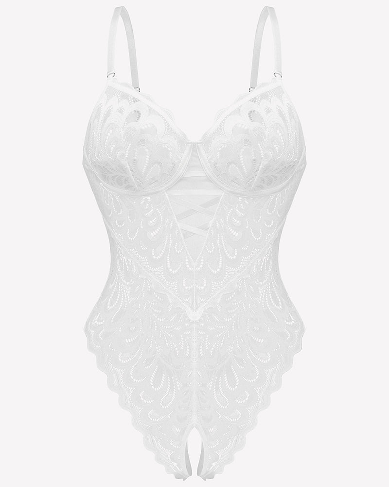 Lace deep V Teddy Crotchless Bodysuits
