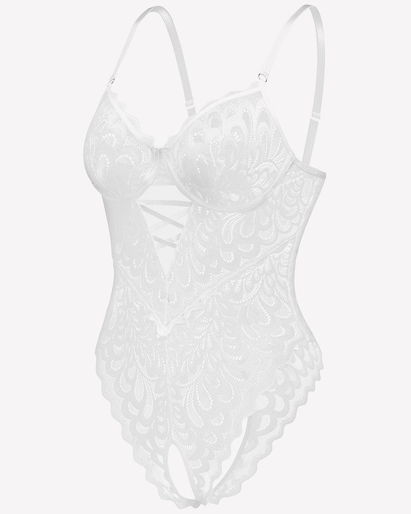 Lace deep V Teddy Crotchless Bodysuits