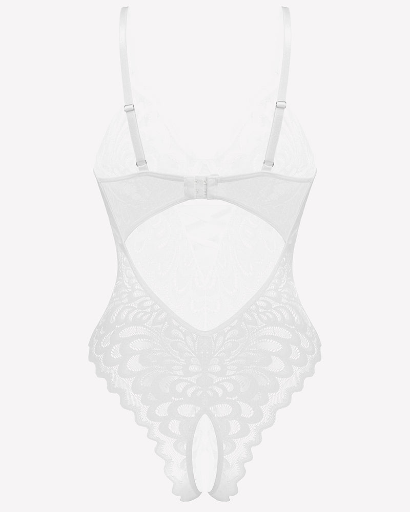 Lace deep V Teddy Crotchless Bodysuits