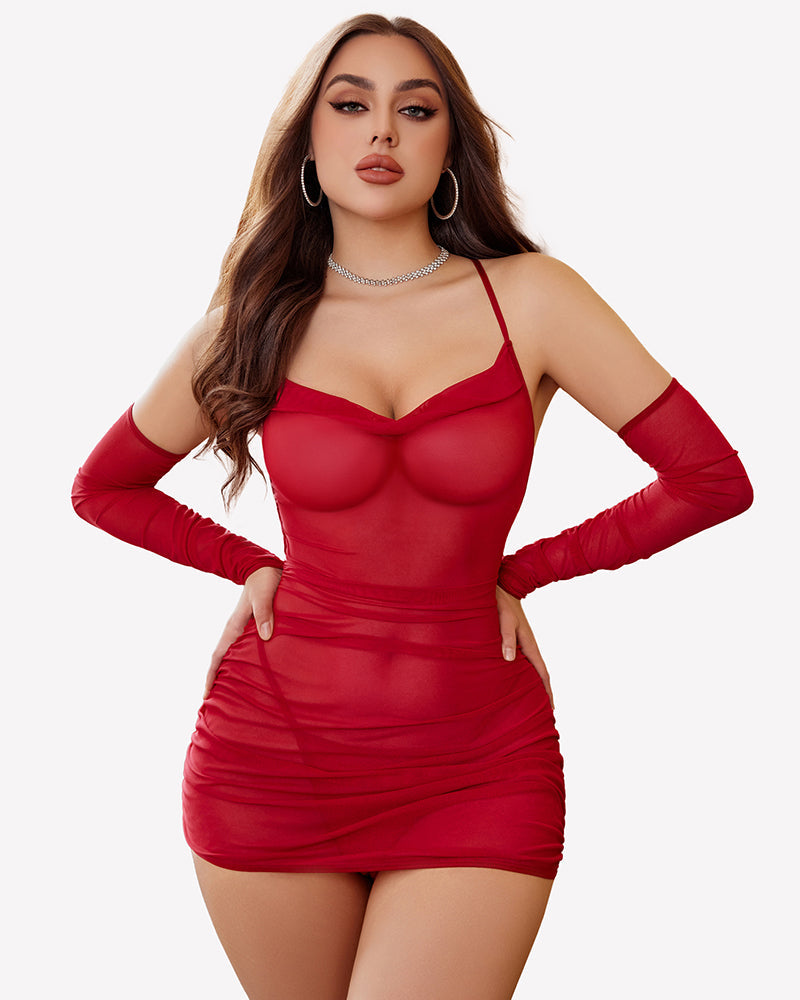 Sheer Mesh Lingerie Dress With Gloves Outfits