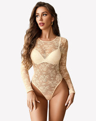 Long Sleeve Lace Sheer Mesh Bodysuit