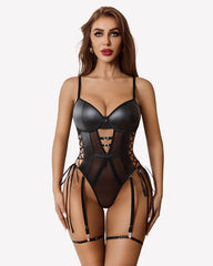 Leather Teddy Mesh Garter Belt Set