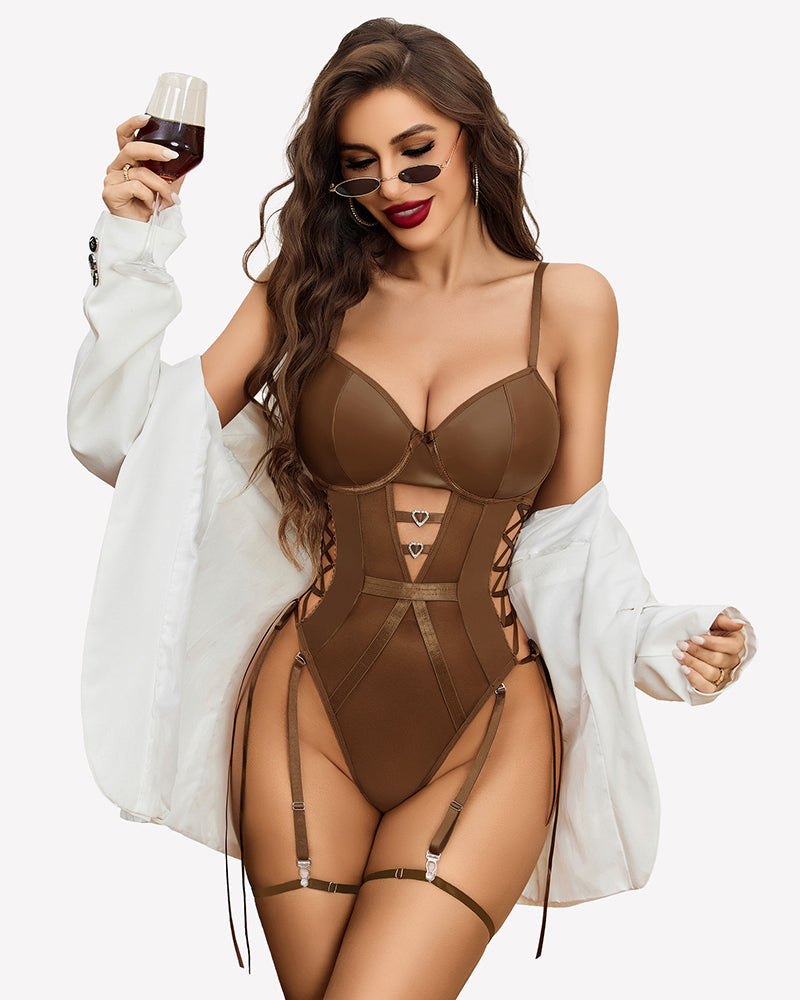 Leather Teddy Mesh Garter Belt Set