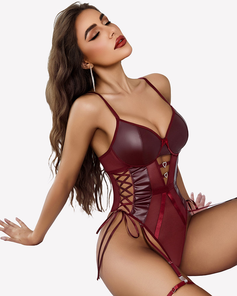 Leather Teddy Mesh Garter Belt Set