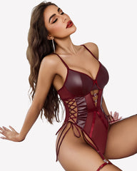 Leather Teddy Mesh Garter Belt Set