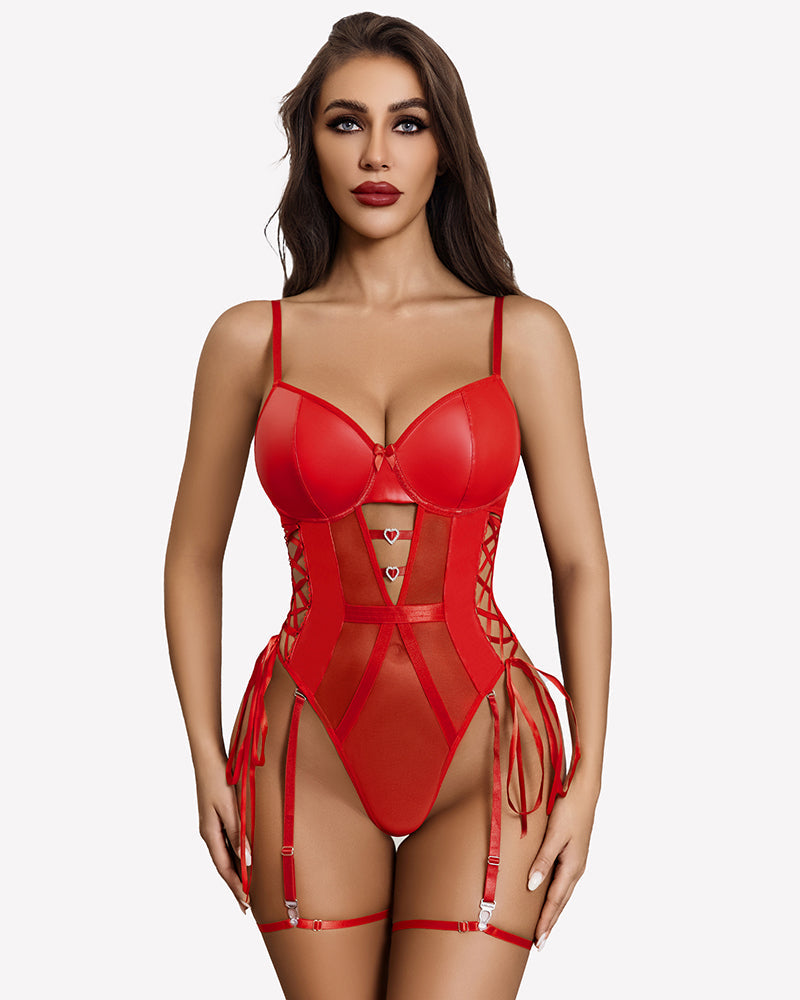 Leather Teddy Mesh Garter Belt Set