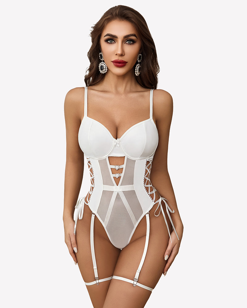 Leather Teddy Mesh Garter Belt Set