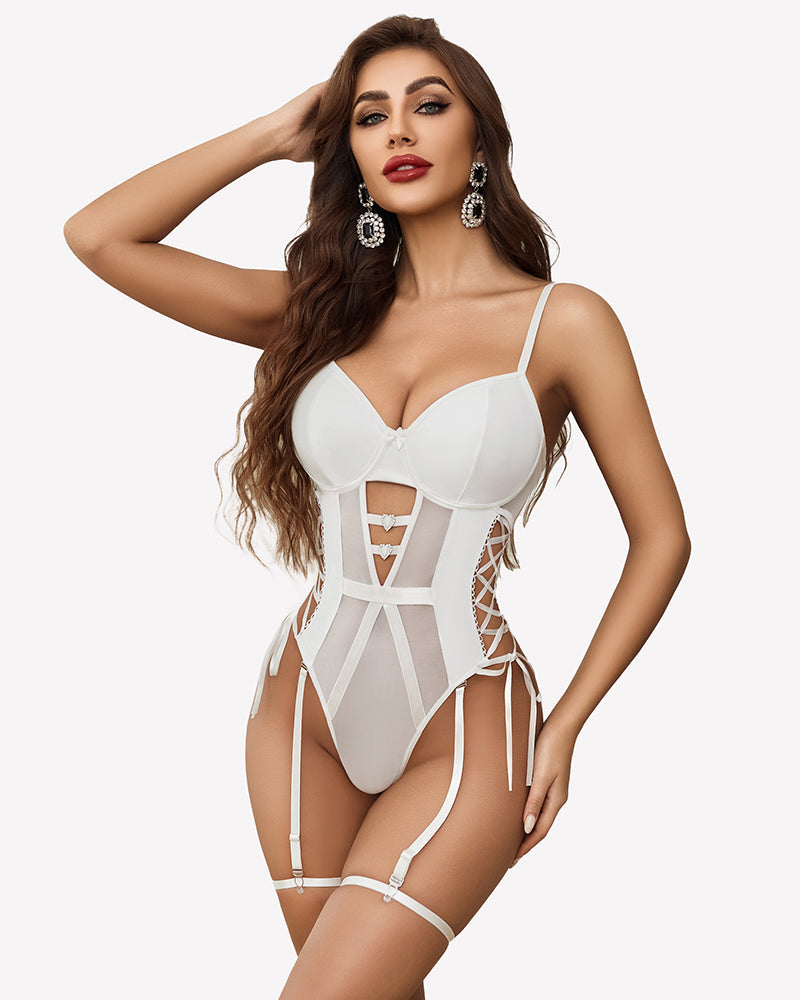 Leather Teddy Mesh Garter Belt Set