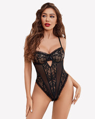 V Neck Lace Teddy Push Up Bodysuit