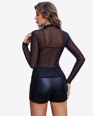 Mesh Rhinestone Sheer Tops