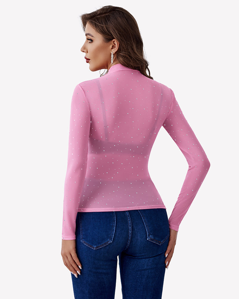Mesh Rhinestone Sheer Tops