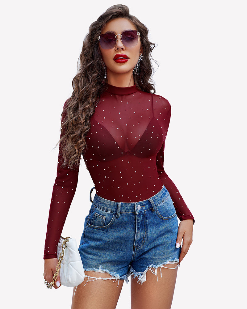 Mesh Rhinestone Sheer Tops