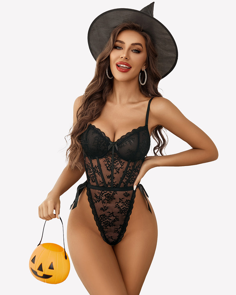 Deep V Lace Bodysuit Satiny Side Ties