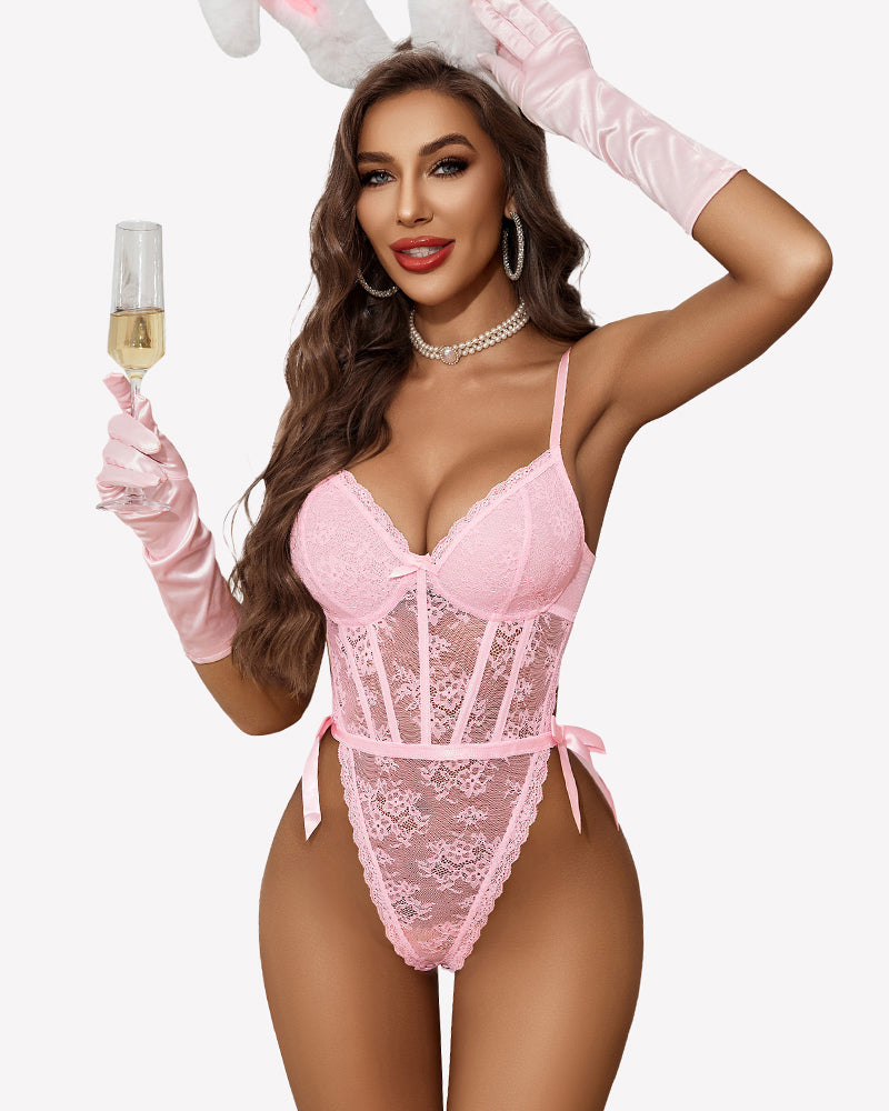 Deep V Lace Bodysuit Satiny Side Ties