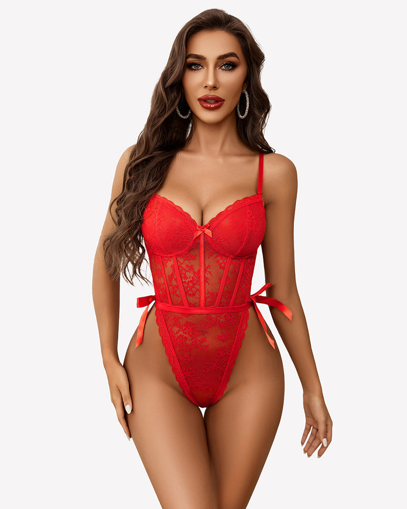 Deep V Lace Bodysuit Satiny Side Ties