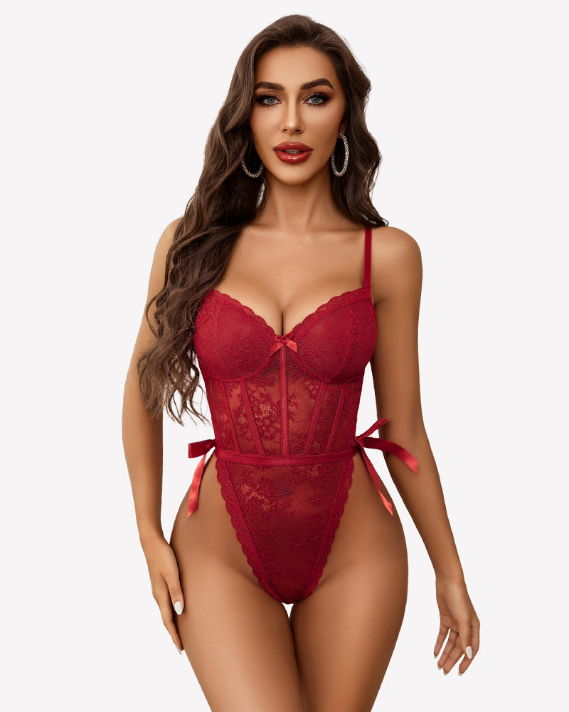 Deep V Lace Bodysuit Satiny Side Ties