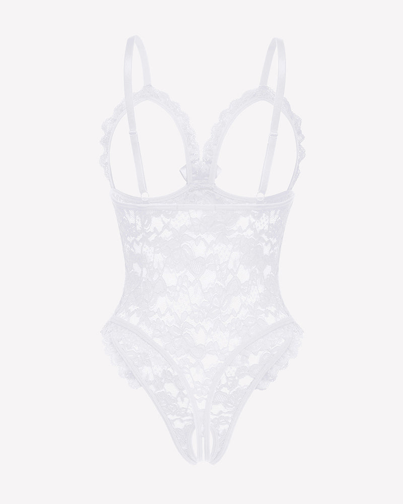 Lace Teddy Ruffle V Neck Bodysuit